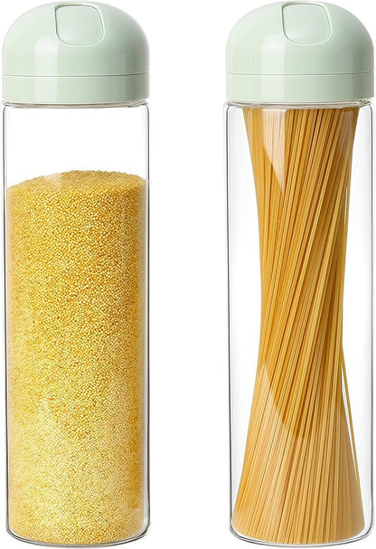 2-Pack Glass Spaghetti Storage Jars with Twist & Pour Measuring Lids, 67 oz Tall Pasta Containers, Borosilicate Glass Canisters for Pantry Organization (Green*2)