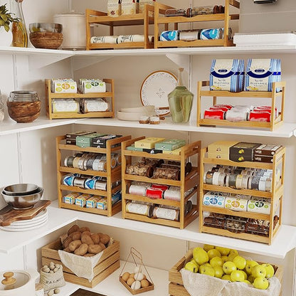 BAMBANG Can Organizer for Pantry, Detachable Bamboo 4 Tier Stackable Can Storage Rack, Rolling Soda Can Dispenser Can Holders for Cabinet, Holds Up to 48 Cans