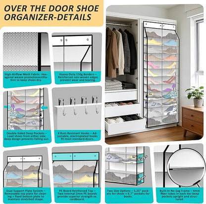 Kotkn 24-Pair Over Door Shoe Organizer for Family & Kids, Double Sided | Hanging Storage for Sneakers, Boots, Toys & Room Organization-Pearl White