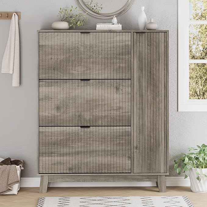 Xixini Shoe Cabinet with 3 Flip Drawers, 54" Tall Narrow Fluted Shoe Storage Organizer for Entryway, Hidden Wooden Shoe Rack with Adjustable Side Cabinet for Front Door Entrance, Hallway, Light Grey
