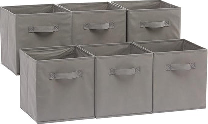 Amazon Basics Collapsible Fabric Storage Cubes Organizer with Handles, Sturdy, Foldable, Space-Saving, 10.5"x10.5"x11", Gray, 6-Pack