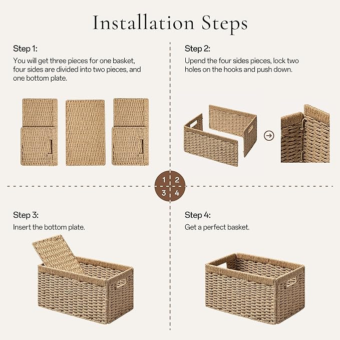 joybest Medium Wicker Baskets for Shelves, 13.4L x 8.3W x 7.1H inch Hand-woven Storage Baskets for Pantry Organizing, Foldable Rectangular Bin with Handles, 2-pack, Natural