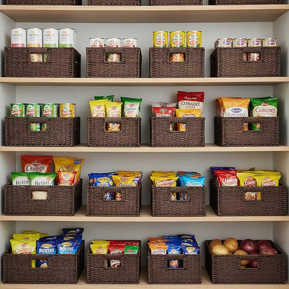 TOPZEA 2 Pack Brown Wicker Storage Basket for Shelves, Hand Woven Paper Rope Shelf Basket, Pantry Organization Baskets with Handle, Decorative Closet Organizer Bins for Kitchen, Bathroom, Coffee Bar