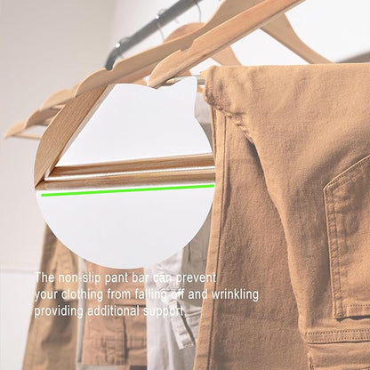 Wooden Hangers 30 Pack - Slim Rotating Hook with Non-Slip Pant Bar Durable Space-Saving Closet Organizers for Suits, Shirts & Dresses
