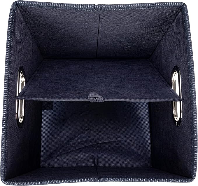 Household Essentials Collapsible Cotton Blend Cube Storage Box with Lid and Metal Grommet Handle, Set of 2, Denim