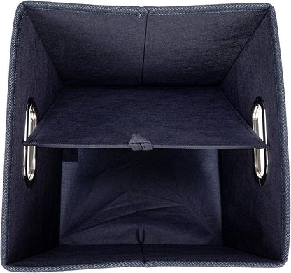 Household Essentials Collapsible Cotton Blend Cube Storage Box with Lid and Metal Grommet Handle, Set of 2, Denim