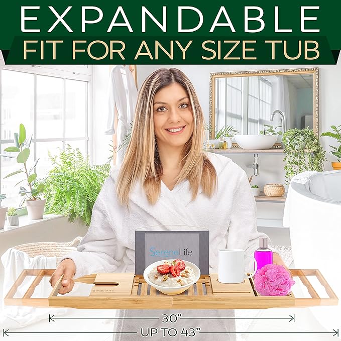 SereneLife Premium Bathtub Tray Caddy, Expandable Bath Tray, Unique House Warming Gifts, Gift for Mom, Women, New Home, Wedding, Anniversary, Bridal Shower, Universal Fit for All Tub - Classic
