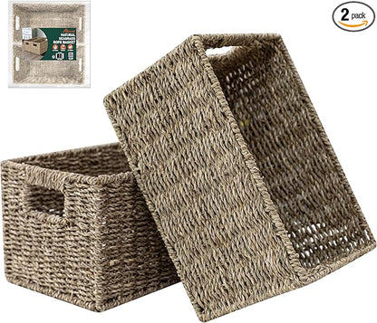 HOMESTEAD 2-Pack Rectangular Seagrass Storage Baskets with Built-In Handles, Handwoven Wicker Baskets for Pantry, Shelf, Closet & Bathroom Organization, 13.25 x 8.25 x 7.25 in