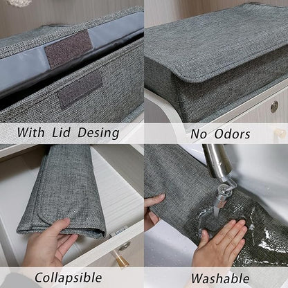 PINGMIC Gray Sock Organizer Divider 2 Pack with Lid - 30 Cell Foldable Closet Storage, Tie Organizer For Men Boxes for Socks, Ties, Belts