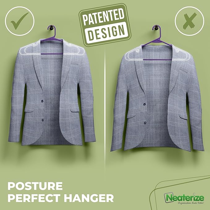 NEATERIZE Clothes Hangers Plastic 50 Pack For Adults - Plastic Hangers, The Perfect Coat Hanger and Space Saving Clothes Hangers for Closet, Percheros Ganchos para Colgar Ropa Hangars - Purple Hangers