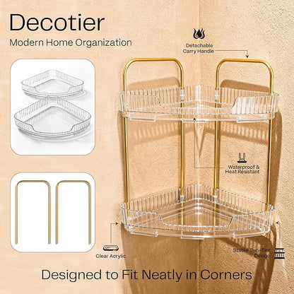 2-Tier Acrylic Corner Bathroom Organizer with Handle Round Skincare & Makeup Storage Tray, Waterproof, Lightweight, Heat Resistant Vanity Shelf for Countertop, Kitchen, Bedroom, Dresser