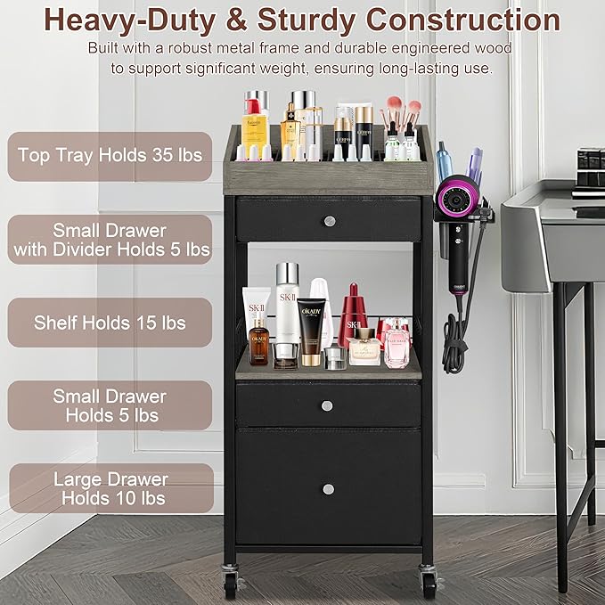 Makeup Organizer Cart with 3 Drawers, Rolling Cosmetic Storage Cart with Adjustable Dividers, Detachable Hair Tool Holder & Lockable Wheels, Vanity Organizer for Small Spaces, Black & Grey