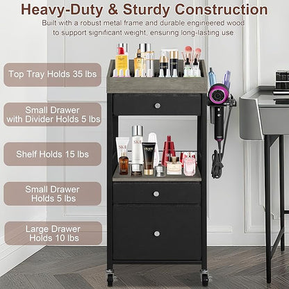 Makeup Organizer Cart with 3 Drawers, Rolling Cosmetic Storage Cart with Adjustable Dividers, Detachable Hair Tool Holder & Lockable Wheels, Vanity Organizer for Small Spaces, Black & Grey