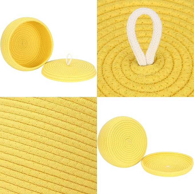 Sea Team Round Cotton Rope Storage Basket with Lid, Decorative Woven Storage Bin, Pot, Caddy, Organizer, Container for Snacks, Towels, Plants, 10 x 4.5 Inches (Small, Shallow, Yellow)
