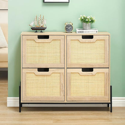 IDEALHOUSE Rattan Shoe Storage Cabinet with 4 Flip Drawers, Freestanding Shoe Organizer with Adjustable Shelves for Entryway, Narrow Shoe Rack Cabinet, Farmhouse Slim Shoe Cabinet, Oak
