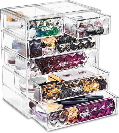 Sorbus Acrylic Makeup Organizer Set, 6-Drawer Vanity & Countertop Cosmetic Storage with Small & Wide Drawers, Diamond Makeup Storage for Brushes, Lipsticks, Jewelry – Holiday Gift for Women & Teens