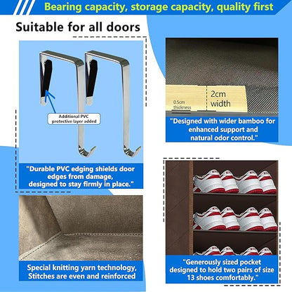 Over the Door Shoe Organizer, 20 to 30 Pairs Hanging Shoe Holder, Heavy Duty Extra Deep Pockets Shoe Storage for Closet, Anti-Scratch Hooks & FSC-Certified Bamboo - Coffee