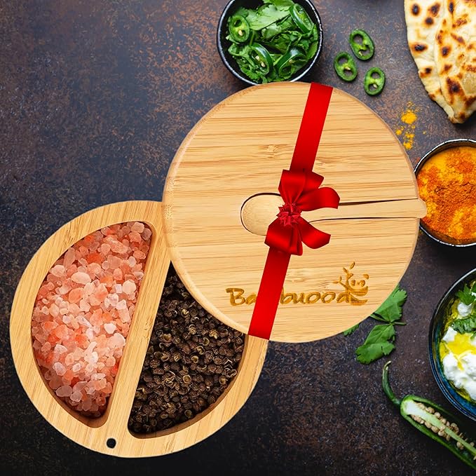 Premium Bamboo Salt Cellar with 2 Compartment Swivel Magnetic Lid - 100% Handmade, Elegant Salt & Spices Storage Box and Multi-Use Container with Mini Spoon.