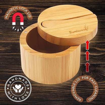Premium Bamboo Salt Cellar with Swivel Magnetic Lid - 100% Handmade, Elegant Salt & Spices Storage Box and Multi-Use Container with Mini Spoon.