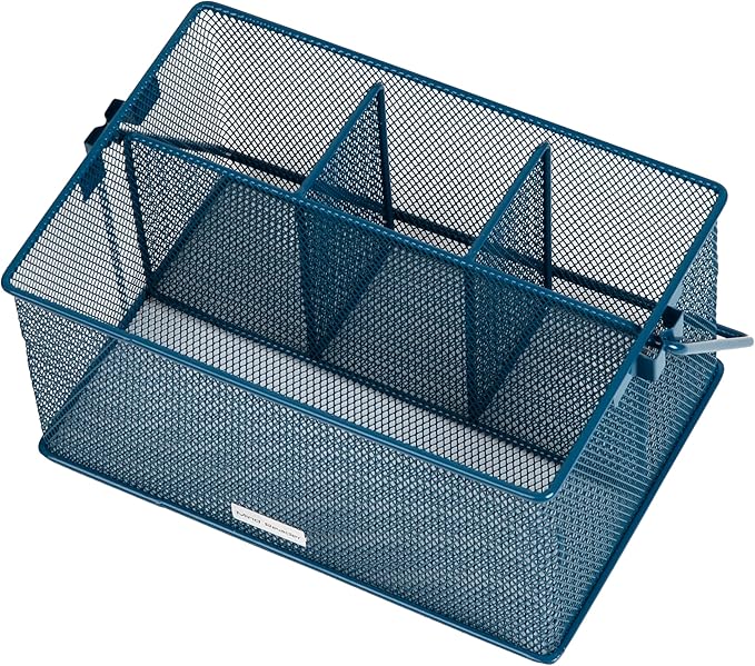 Mind Reader Multi-purpose Storage Caddy with Handle, Desktop Organizer, Cutlery Holder, 4 Compartments, Metal Mesh, Turquoise