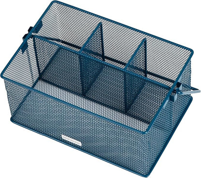 Mind Reader Multi-purpose Storage Caddy with Handle, Desktop Organizer, Cutlery Holder, 4 Compartments, Metal Mesh, Turquoise