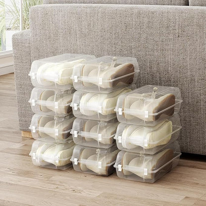 Shoe Organizer for Closet, 4 Pack Plastic Shoe Storage Boxes, Space Saving Stackable Shoe Storage Bins, Sneaker Storage Containers with Clear Lids for Display, White