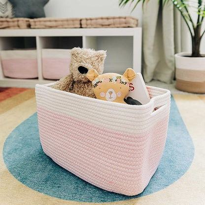 Pink Cotton Rope Basket for Shelf Storage - 15"×10"×9½" - Colorful Decorative Basket for Kids - Nursery, Playroom, Classroom - Toy Storage, Books, Towels