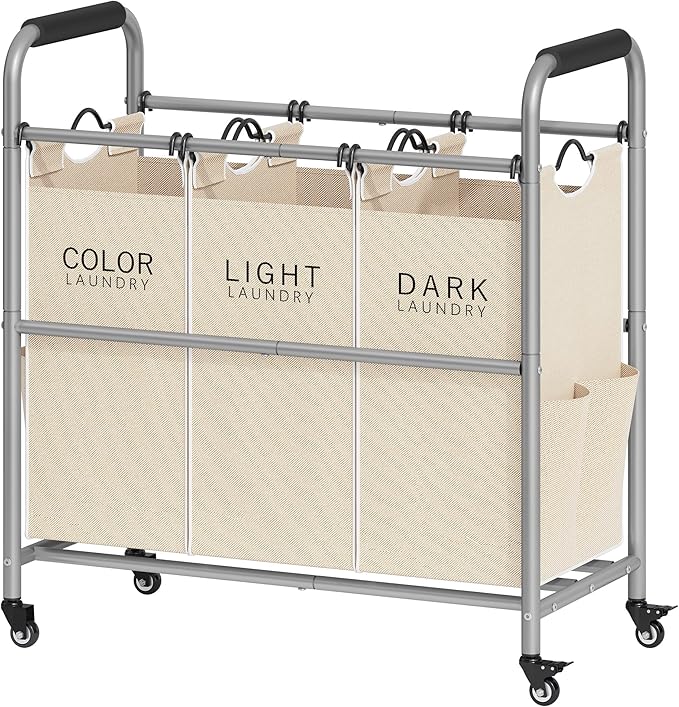 Tajsoon 3 Bag Laundry Sorter Cart, Laundry Hamper Sorter Basket with Heavy Duty Lockable Rolling Wheels for Clothes Storage, Beige
