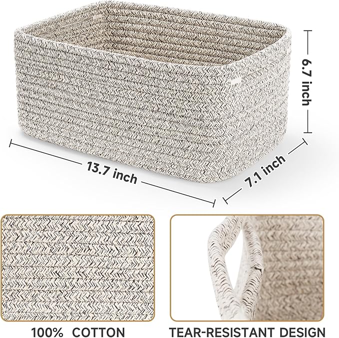 3-Pack Storage Baskets for Organizing | Woven Shelf Toy Basket | Rope Baskets for Gifts Empty | Closet Organizer Bins with Handles | Cube Decorative Box | 13.7×7.1×6.7” | Mixed brown