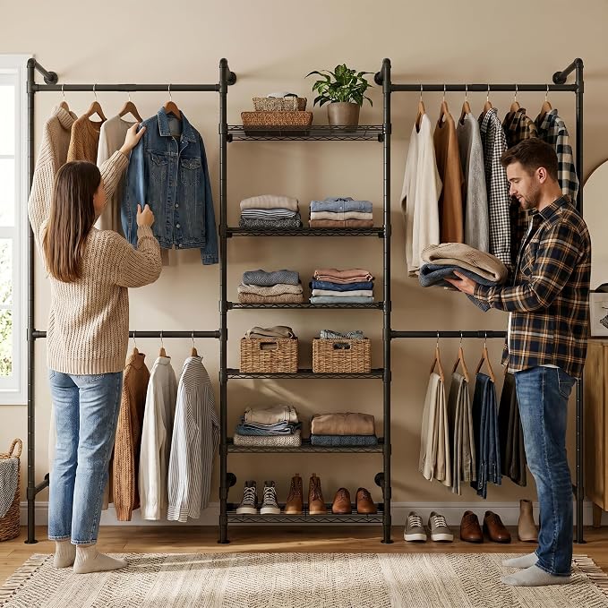 F3 Wall Mounted Closet System, Industrial Pipe Clothing Rack for Hanging Clothes, Heavy Duty Closet Organizer System, Clothes Racks with Shelves & Expandable Rod for Wardrobe, Corner, Black
