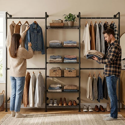 F3 Wall Mounted Closet System, Industrial Pipe Clothing Rack for Hanging Clothes, Heavy Duty Closet Organizer System, Clothes Racks with Shelves & Expandable Rod for Wardrobe, Corner, Black