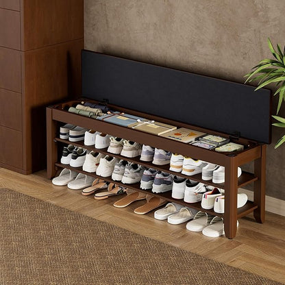 Homleke Shoe Rack Bench with Flip-Top Storage, Solid Wood Entryway Bench with Cushion, Adjustable Shelf, for Hallway, Mudroom, Closet – Walnut, 47.2"