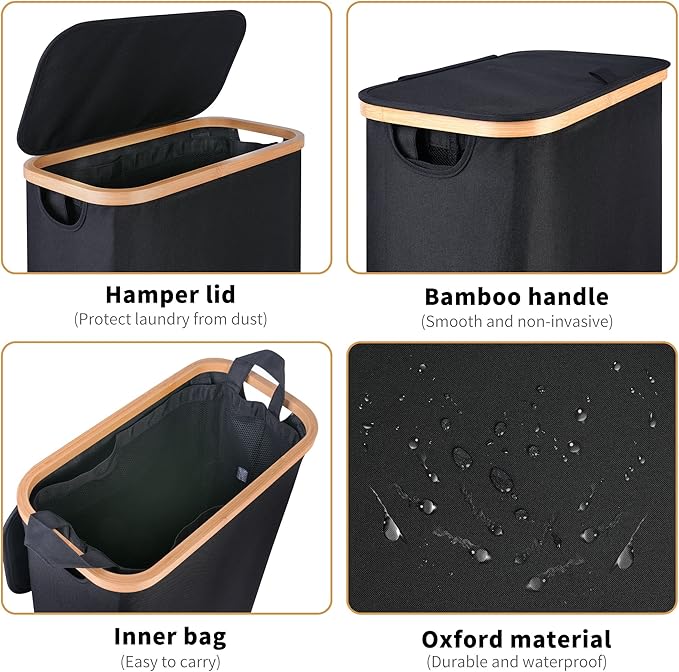 iEGrow 60L Slim Laundry Hamper, Narrow Laundry Basket with Lid,Foldable Clothes Hamper with Bamboo Handles,Hamper Basket with Removable Inner Bag for Laundry Room Bedroom College Dorm,Black