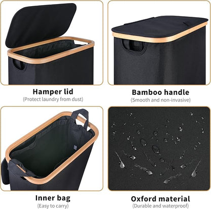 iEGrow 60L Slim Laundry Hamper, Narrow Laundry Basket with Lid,Foldable Clothes Hamper with Bamboo Handles,Hamper Basket with Removable Inner Bag for Laundry Room Bedroom College Dorm,Black