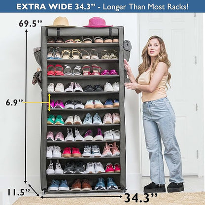 Sundaze Shoe Rack with Cover - 10 Tier Shoe Rack for Front Door Entrance, Sturdy Tall Shoe Organizer for Bedroom, Closet, Garage, Non Woven Fabric Shelf, Grey, Holds Up to 50 Pairs