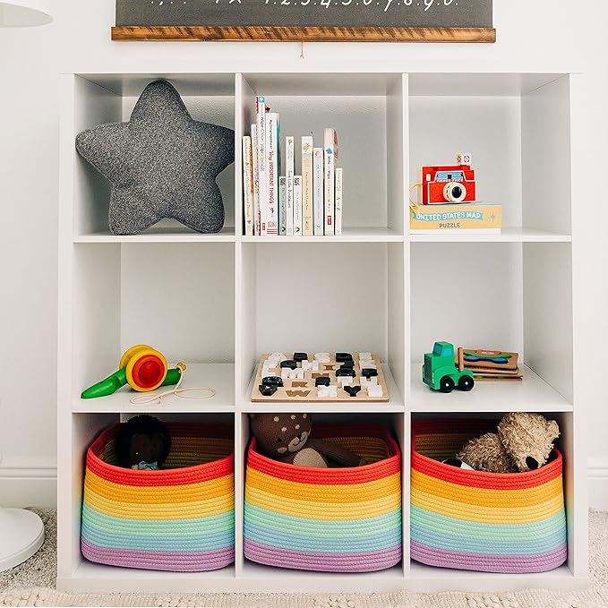 Rainbow Cotton Rope Basket for Shelf Storage - 15"×10"×9½" - Colorful Decorative Basket for Kids - Nursery, Playroom, Classroom - Toy Storage, Books, Towels