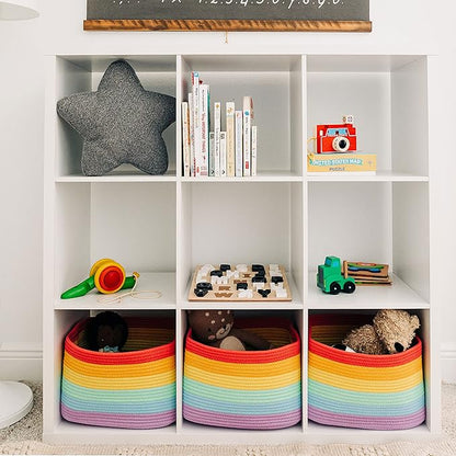 Rainbow Cotton Rope Basket for Shelf Storage - 15"×10"×9½" - Colorful Decorative Basket for Kids - Nursery, Playroom, Classroom - Toy Storage, Books, Towels