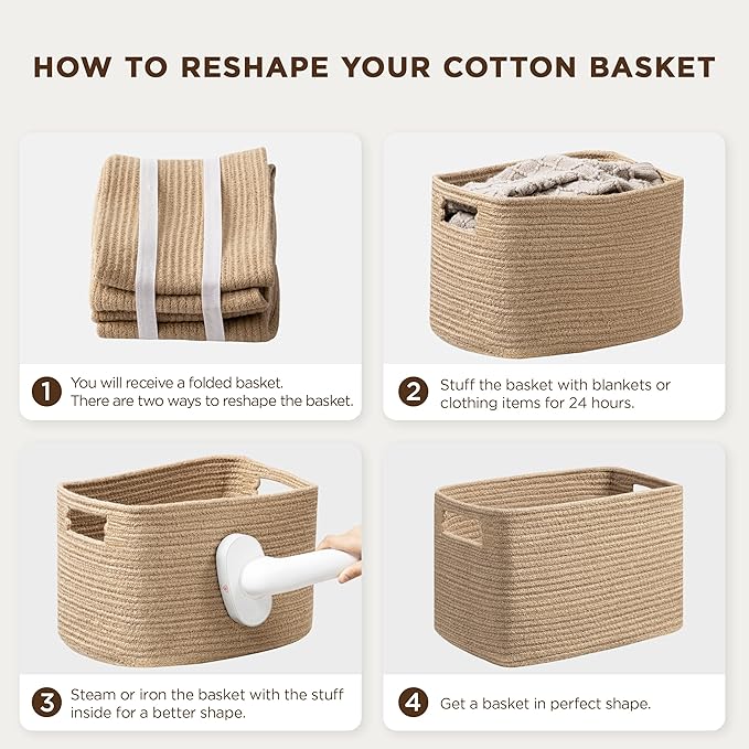 UBBCARE 4 Pack Storage Baskets for Organizing, Shelf Baskets with Handles, Woven Storage Baskets for Bookcase/Cube Shelf/Closet, 14.5"L x 9.8"W x 9"H, White&Light Brown