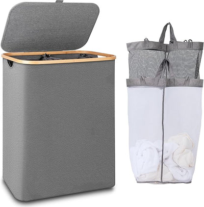 iEGrow 150L Laundry Hamper with Lid-Large Laundry Basket with Bamboo Handles, Grey Hampers for Laundry, Dirty Clothes Hamper with 2 Removable Inner Bags for Clothes Towels