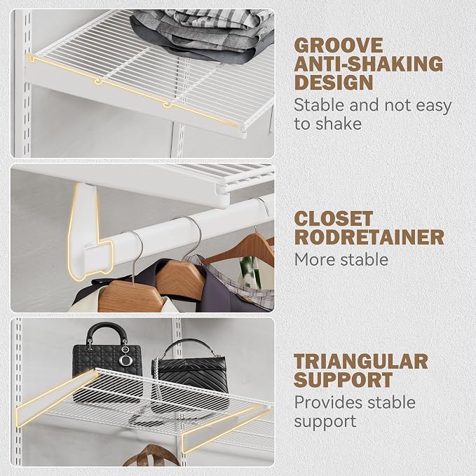 Closet System Wall Mounted 2-4 Ft, Heavy Duty Adjustable Wire Shelving with Hanging Rod, Custom Organizer Kit for Bedroom Laundry Mudroom, White