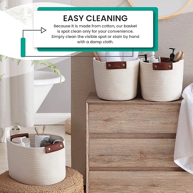3 Pack Cotton Rope Storage Basket Woven Shelf Storage Bin with Faux Leather Handles, Decorative Closet Shelf Woven Basket for Storage Organizers, 15 x 10 x 9, Cream