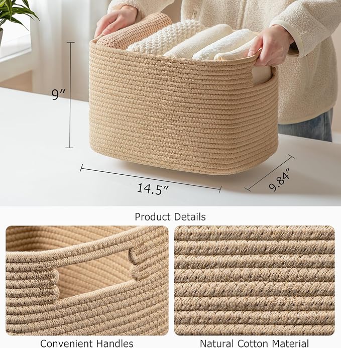 UBBCARE 4 Pack Storage Baskets for Organizing, Shelf Baskets with Handles, Woven Storage Baskets for Bookcase/Cube Shelf/Closet, 14.5"L x 9.8"W x 9"H, Brown