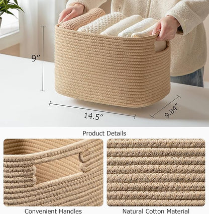 UBBCARE 4 Pack Storage Baskets for Organizing, Shelf Baskets with Handles, Woven Storage Baskets for Bookcase/Cube Shelf/Closet, 14.5"L x 9.8"W x 9"H, Brown