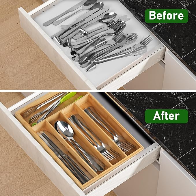 LotFancy Bamboo Kitchen Drawer Organizer, 9.5 Inch Silverware Organizer for Small Drawer, Silverware Tray, Utensil Organizer for Cutlery, Fork, Spoon Storage