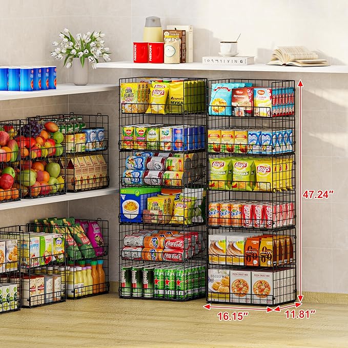 JKsmart 6-Tier Stackable Wire Basket, Can Organizer for Pantry Kitchen, XXL Metal Storage Shelves with Dividers & Handles, Easy Assembly Space Saving Storage Bins for Snacks Fruits Veggies