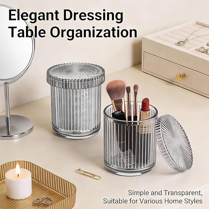 2 Pack Glass Qtip Holder Dispenser Set - Bathroom Organizer for Cotton Swabs, Balls, Pads, Floss Picks - Clear Apothecary Jars for Vanity, Makeup Storage, Bathroom Accessories Decor (Gray&Black)