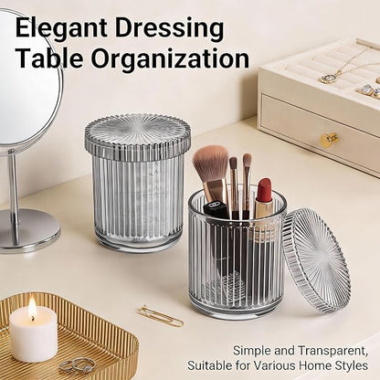 2 Pack Glass Qtip Holder Dispenser Set - Bathroom Organizer for Cotton Swabs, Balls, Pads, Floss Picks - Clear Apothecary Jars for Vanity, Makeup Storage, Bathroom Accessories Decor (Gray&Black)