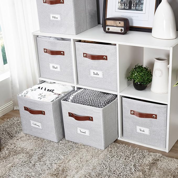 DECOMOMO Storage Bins, Cube Storage Bin with Labels, Fabric Storage Cubes for Shelves (11" / 6pcs, Light Texture Grey)