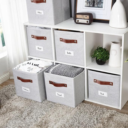 DECOMOMO Storage Bins, Cube Storage Bin with Labels, Fabric Storage Cubes for Shelves (11" / 6pcs, Light Texture Grey)