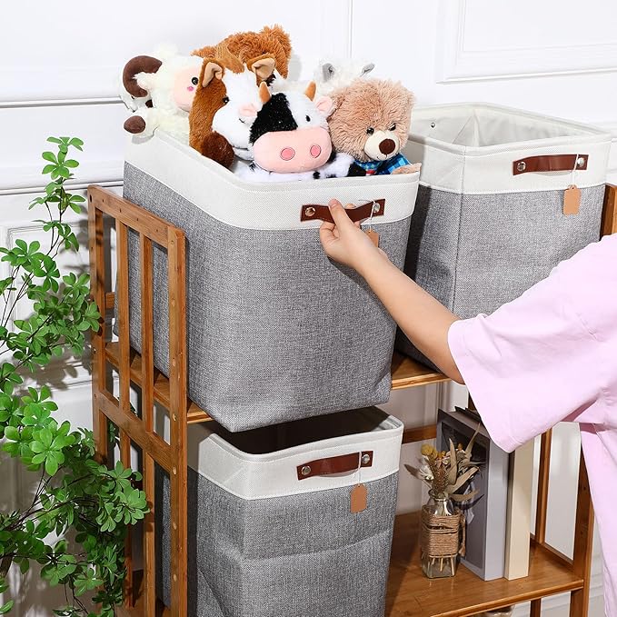 Uiifan 10 Pcs Collapsible Storage Bins Fabric Foldable Storage Basket with Handles Cloth Organizer Linen Shelf Baskets for Shelves Home Closet Nursery Toys(17 x 15 x 12 Inch,Gray and White)